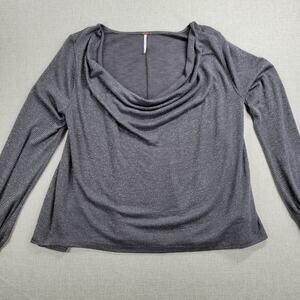Free People Womens Top Sz L Grey Metallic Cowl Neck Cropped Knit Long Sleeve NEW